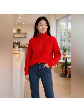 Vince Camuto Red Half-Zip Knit Turtleneck Sweater